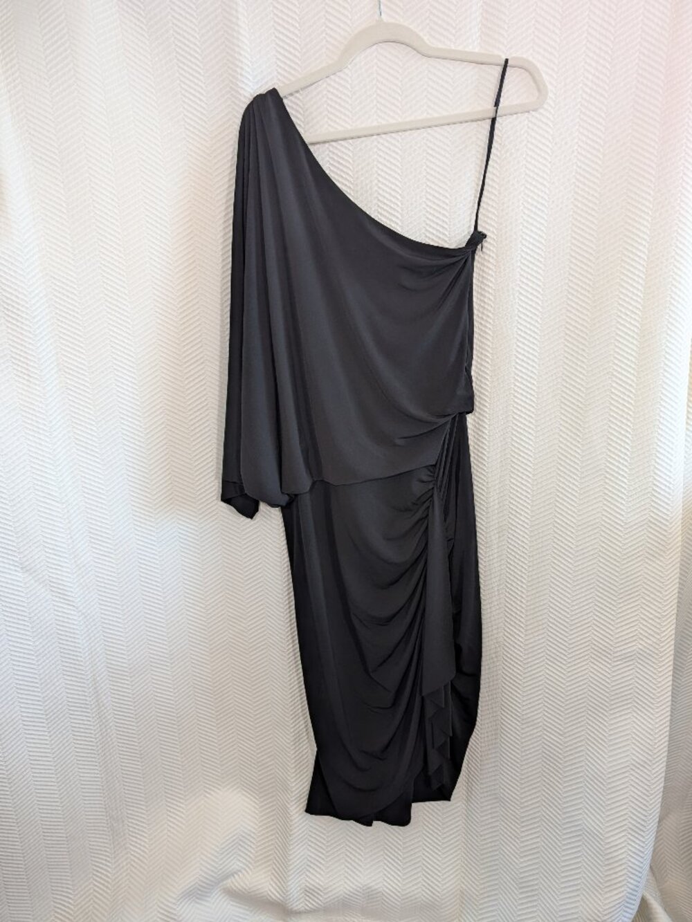 BAILEY Black One Shoulder Cocktail Dress Ruched Jersey Wedding Guest Size XL